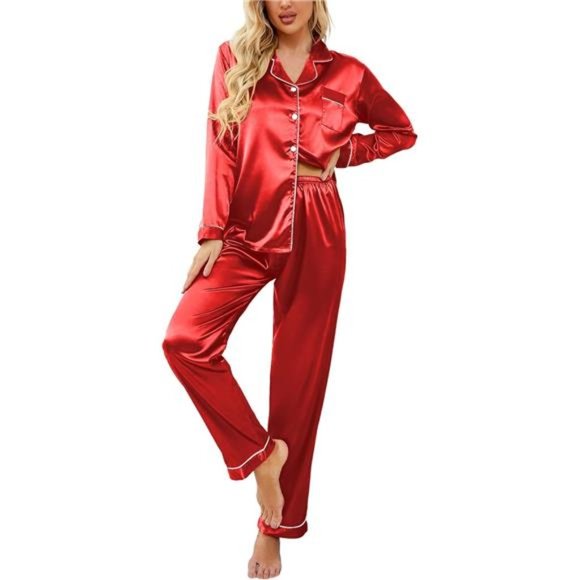 Ekouaer Women's Classic Button Down Long Satin Silk‎ Pajama Set